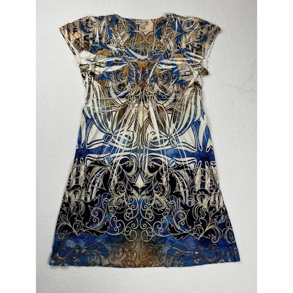 live and let live Dresses & Skirts - Live and Let Live Boho Beaded V-Neck Scroll Print Dress Women's Size L